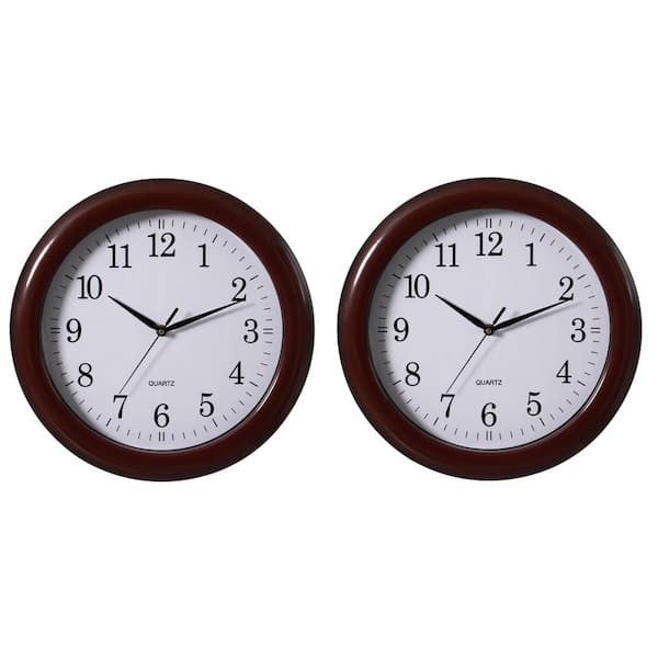CLOCKWISE Set of 2 13.75 in. Plastic Brown Round Silent, Non-Ticking Battery Operated Simple Modern Analog Wall Clock for Kitchen