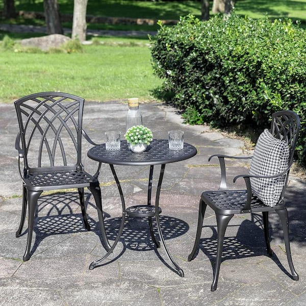 Unbranded Black 3-Piece Cast Aluminum Outdoor Bistro Set with Umbrella Hole for Patio Backyard