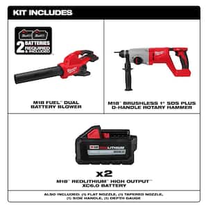 M18 FUEL Dual Battery 145 MPH 600 CFM 18V Cordless Blower w/1 in. SDS-Plus D-Handle Rotary Hammer, (2) 6.0 Ah Batteries
