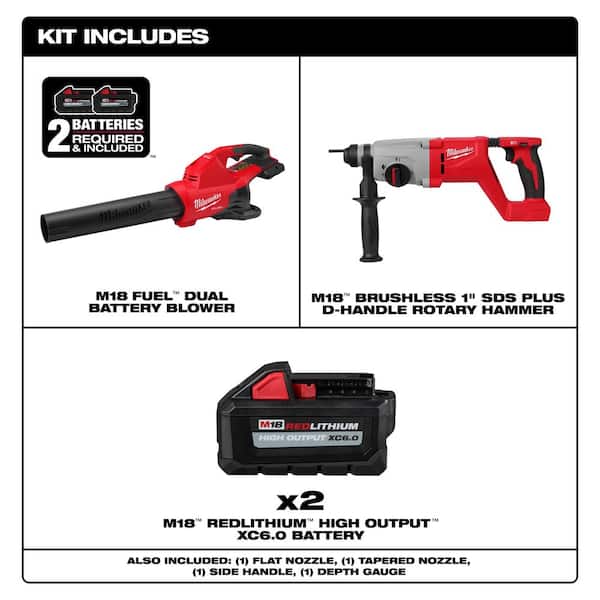 M18 FUEL Dual Battery 145 MPH 600 CFM 18V Cordless Blower w/1 in. SDS-Plus D-Handle Rotary Hammer, (2) 6.0 Ah Batteries