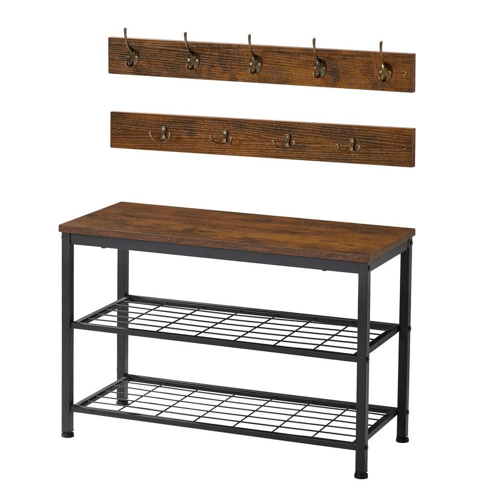Antique Brown Wood Shoe Rack Bench with Coat Hooks Coat and Shoe Rack Hall Tree Coat Rack for Entryway