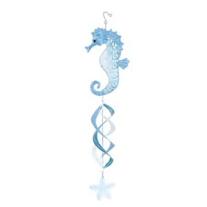38 in. Blue Metal Sea Horse Swirl Wind Spinner Windchime with Starfish Accent