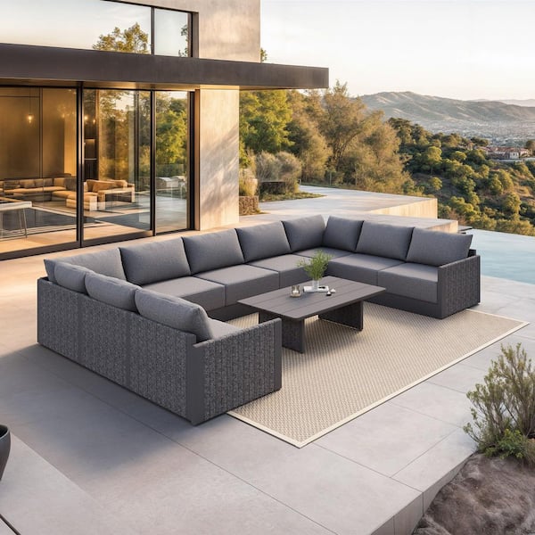 PURPLE LEAF 10 Pieces Patio Conversation Sets with Aluminum Table All Weather Outdoor Couch Sectional Set with Cushion Gray