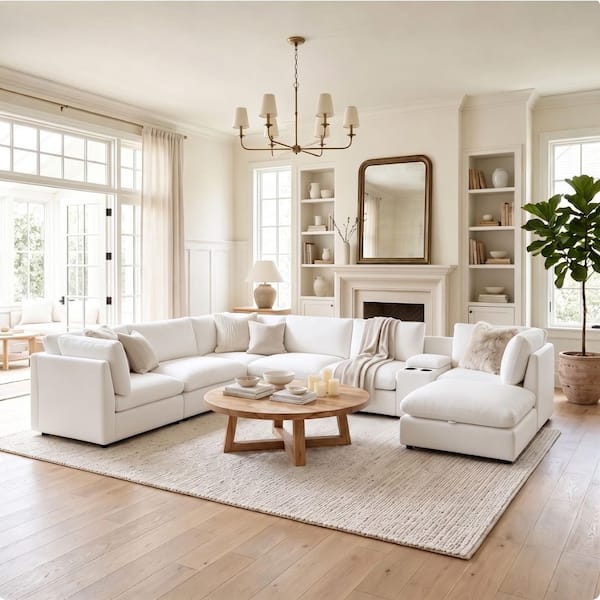 Morden Fort 140 in. U Shape Chenille White Sectional Couch, 8-Piece Seater Oversized Modular Sofa Living Room Set LX05-WHITE-7+AT