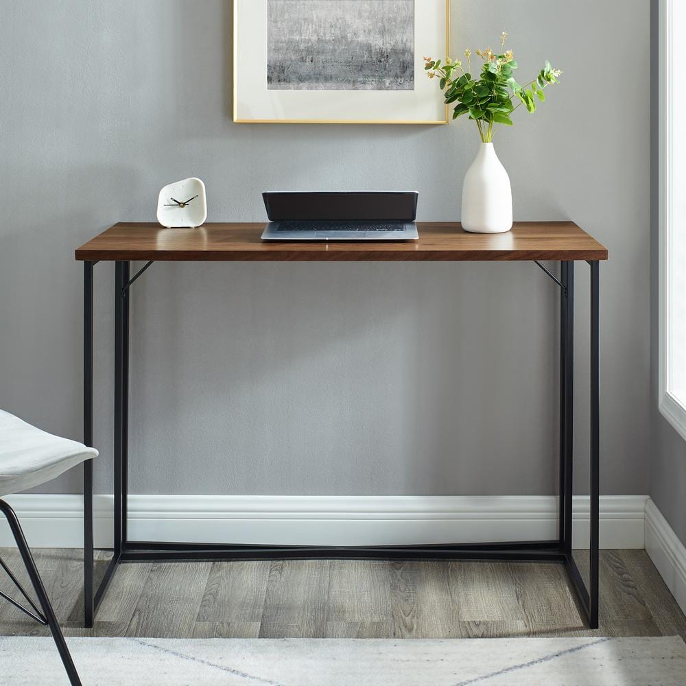 Dark Walnut and Black Metal Y-Leg Writing Desk