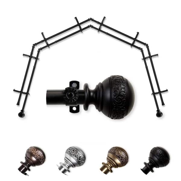 EMOH 13/16" Dia Adjustable 4-Sided Double Bay Window Curtain Rod 28 to 48" (each side) with Douglas Finials in Black