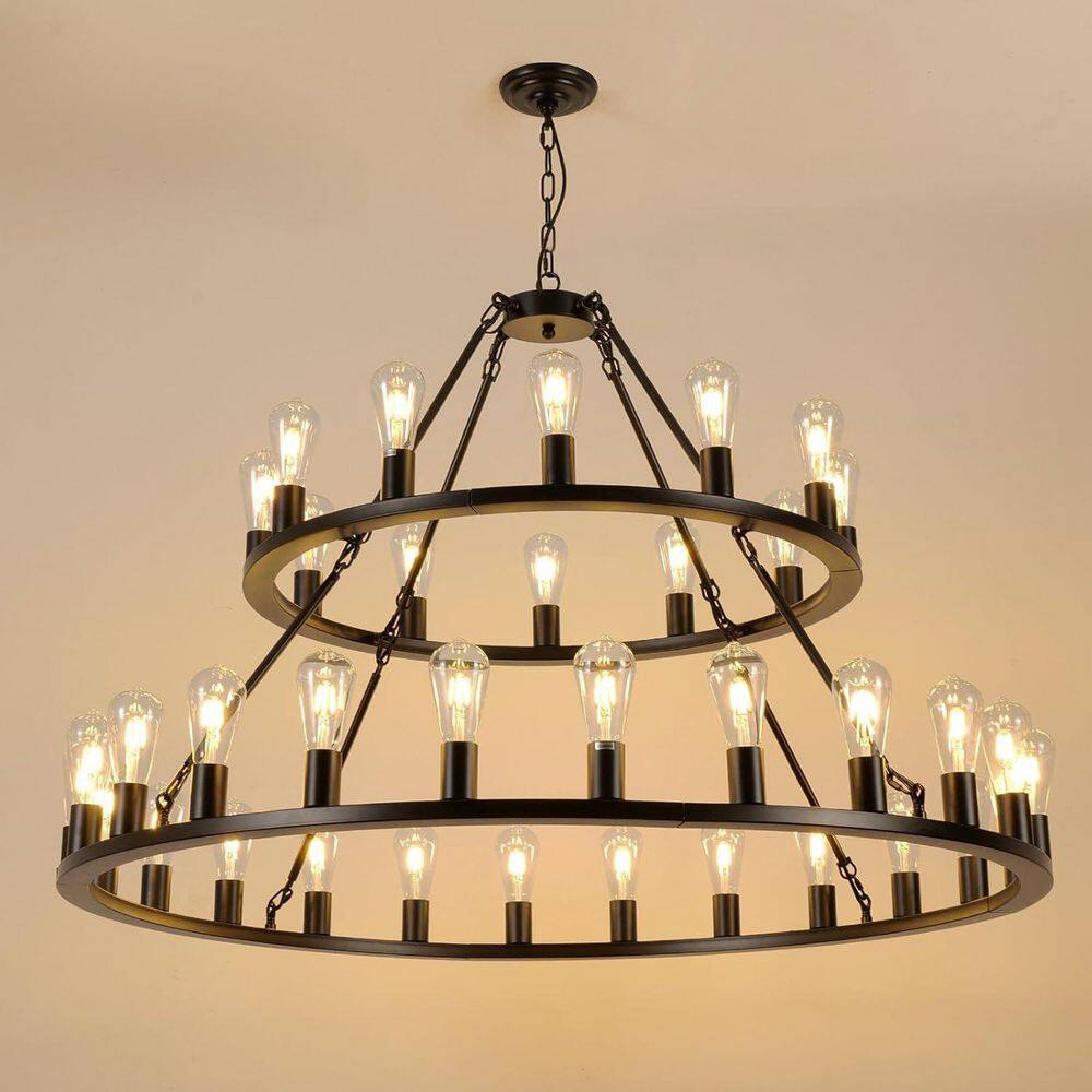 52 in. Black 2-Tier 36-Lights Industrial Chandelier with Exposed E26 Bulbs for Living Room, Dining Room, Entryway price history on PriceWatchPro