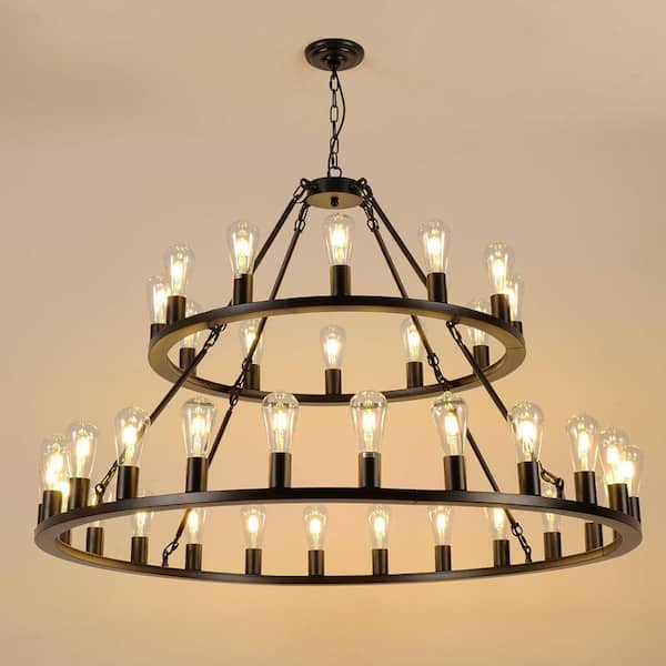 52 in. Black 2-Tier 36-Lights Industrial Chandelier with Exposed E26 Bulbs for Living Room, Dining Room, Entryway