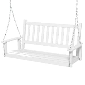 2-Person White Wood Porch Swing with Adjustable Metal Chains