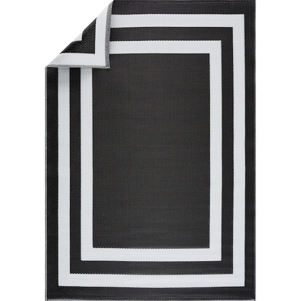 Paris Black White 6 ft. x 9 ft. Reversible Recycled Plastic Indoor/Outdoor Area Rug-Floor Mat