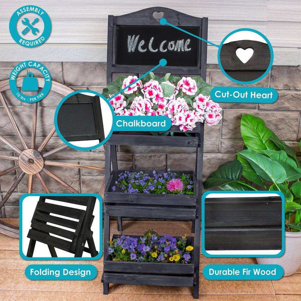 Black Fir Wood 3-Tier Ladder Plant Stand with Chalkboard