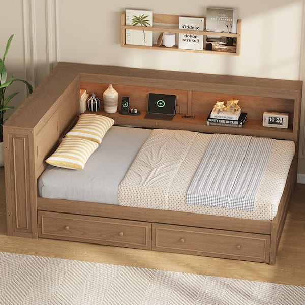 Tes Brown Wood Frame Full Size Daybed with Drawers, LED Light, USB Ports and Storage Shelves, Antique Wood Color