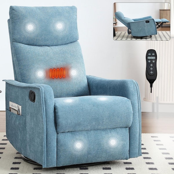 URTR Blue Polyester Swivel Metal Base Manual Recliner Chair with Massage and Heating Home Theater Recliner Rocking Chair