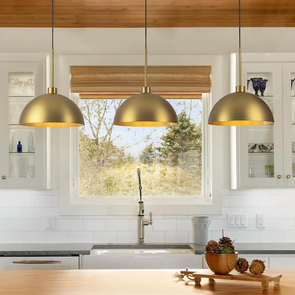 Detroit 53.15 in. 3-Light Brass Linear Kitchen Island Pendant Light with Dome Metal Shades