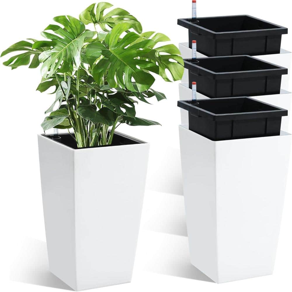 "Set of 4 Tall Planters 16"" High Modern Resin Flower Drainage Holes, Water Level Monitor, Removable Inner Bucket White" price history on PriceWatchPro