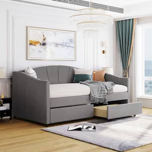 Elegant Gray Twin Size Upholstered Wood Daybed with 2 Drawers