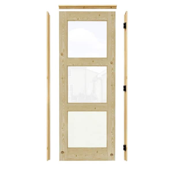 32 in. x 80 in. Right-Handed 3-Lite Clear Glass Unfinished Pine Wood Prehung Front Door with Quick Assemble Jamb