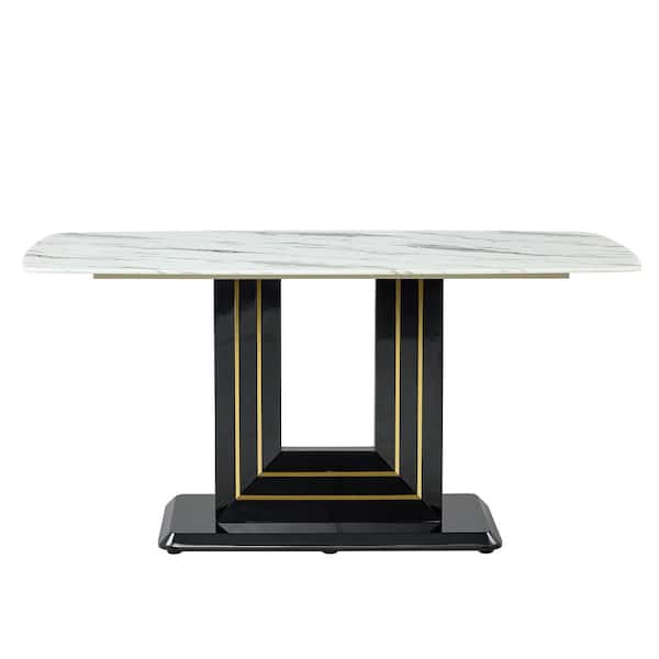 Tenleaf 30 in. H Outdoor Dining Table with White Imitation Marble Pattern Desktop, Black MDF Table Legs, Gold Lines, Black Base