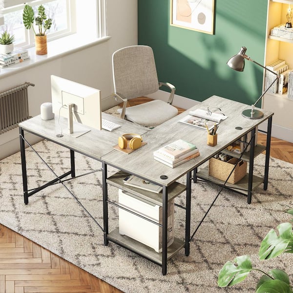 Two Person L Shaped Desk with Adjustable Shelves Vintage Dark Grey