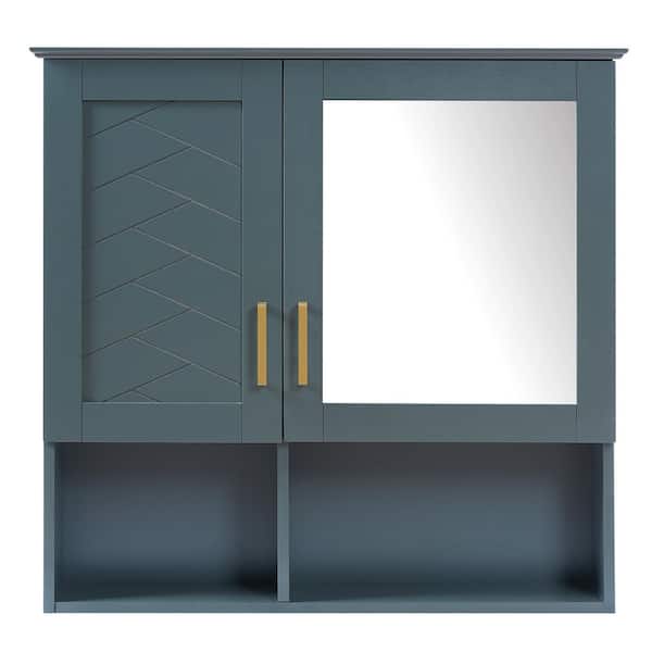 30 in. W x 29 in. H Rectangular Blue MDF Medicine Cabinet with Mirror