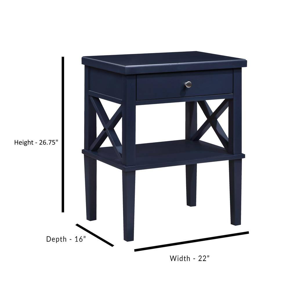 Marta Midnight Blue 1-Drawer Hardwood Nightstand with Shelf