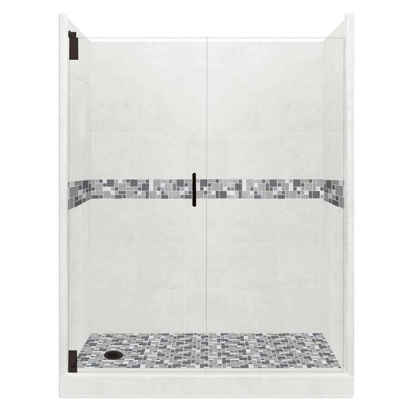 American Bath Factory Newport Grand Hinged 42 in. x 60 in. x 80 in. Left Drain Alcove Shower Kit in Natural Buff and Black Pipe Hardware