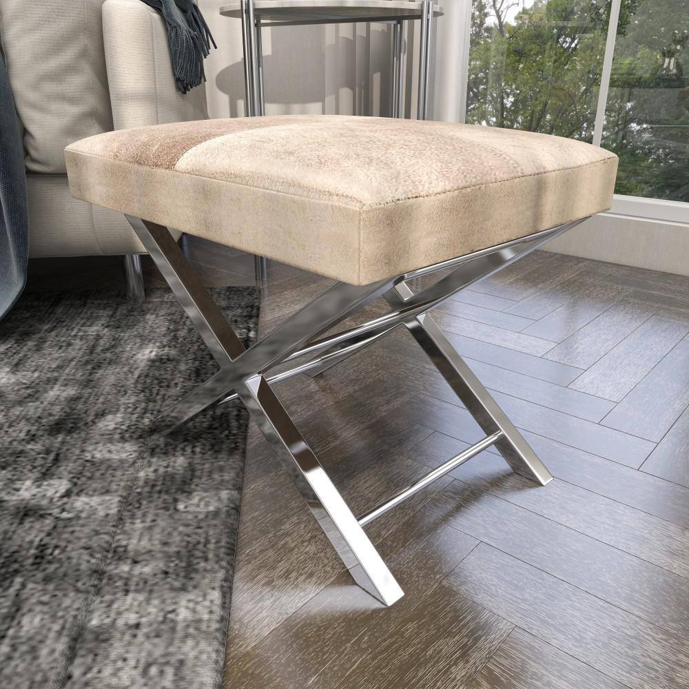 Gray Hair on Hide Leather and Stainless Steel X-Base Stool