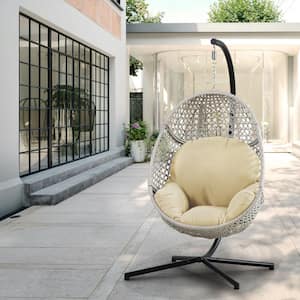 40 in. Width x 76 in. Height Large Gainsboro Wicker Porch Swing Egg Chair with Stand and Cornsilk Cushion for Garden