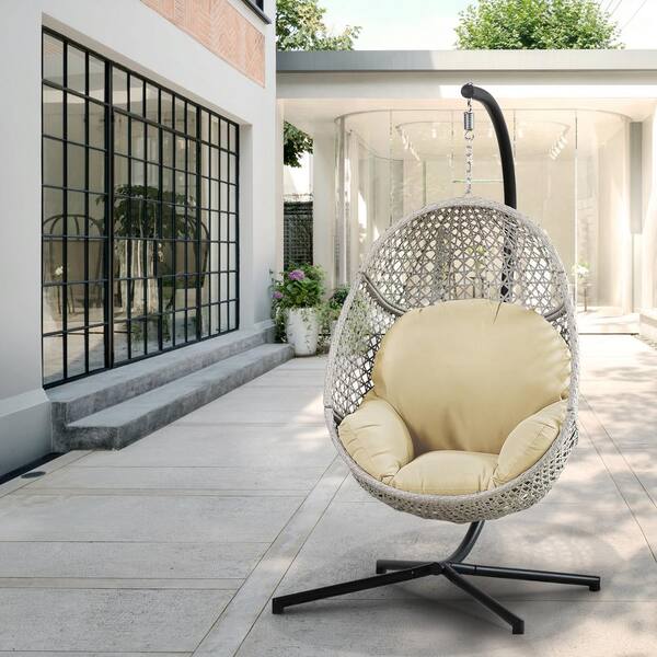 Zeus & Ruta 40 in. Width x 76 in. Height Large Gainsboro Wicker Porch Swing Egg Chair with Stand and Cornsilk Cushion for Garden