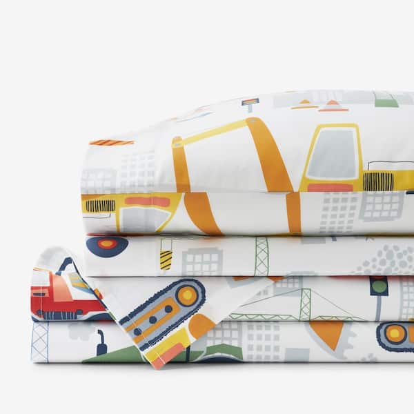 Company Kids Construction Trucks White Multi Organic Cotton Percale Twin Sheet Set
