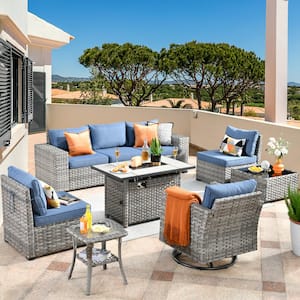 Crater Grey 9-Piece Wicker Wide Arm Patio Conversation Sofa Set with a Rectangle Fire Pit and Denim Blue Cushions