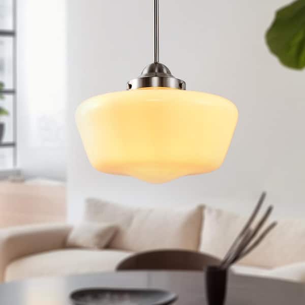 Farmhouse 1-Light Brushed Nickel Pendant Light with Milk White Frosted Glass Shade for Kitchen, Hallway, and Entryway