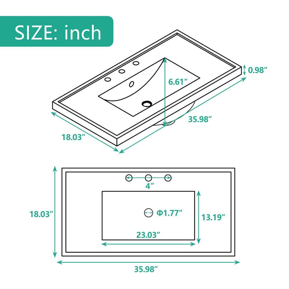 36" White Ceramic Rectangular Undermount Vanity Sink Top