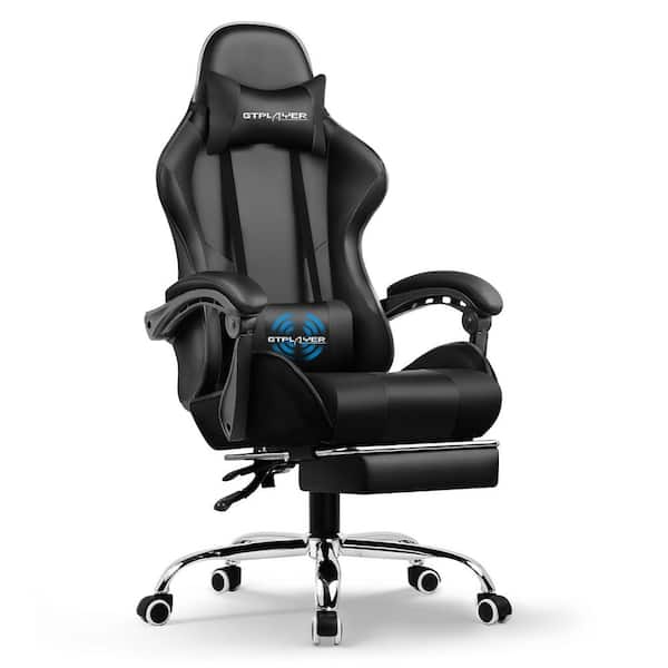 Black Gaming Chair with Footrest, Bluetooth Speakers Ergonomic High Back Music Video Game Chair Leather Office Chair