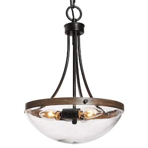 Modern 3-Light Faux Wood Farmhouse Chandelier Black Metal and Seeded Glass Bowl Shade for Dining and Living Spaces