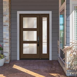 Regency 53 in. x 80 in. Modern 3-Lite Equal Clear Glass LHOS Hickory Mahogany Fiberglass Prehung Front Door 14 in. SL