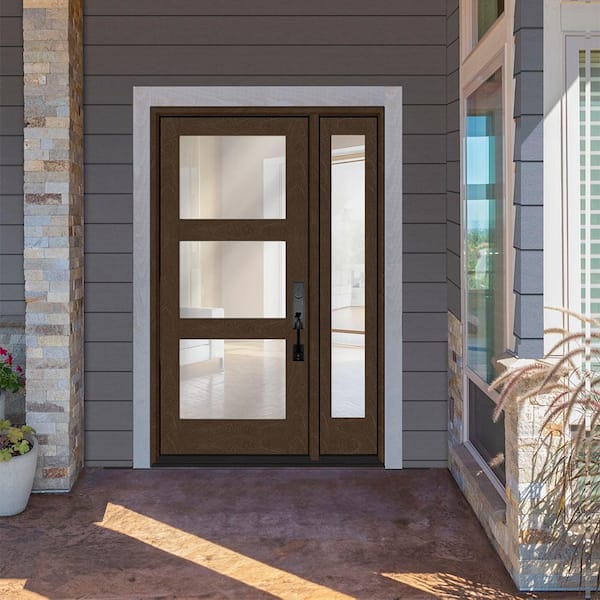 Regency 51 in. x 80 in. Modern 3Lite Equal Clear Glass LHIS Hickory Fiberglass Prehung Front Door w/1_ 12"SL_6-9/16 Jmb