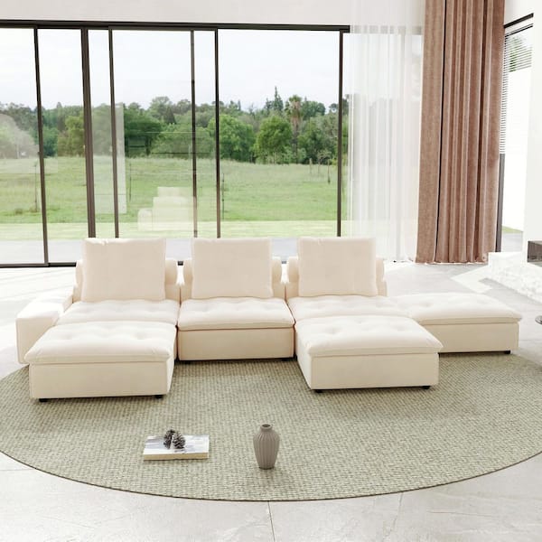 Down Filled Convertible Sofa, Miami 209 in. Square Arm 6-Seater Velvet Modular Sectional Couch for Apartment in Beige