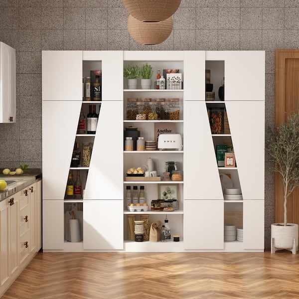 FUFU&GAGA White Wooden 86.6 in. W x 78.7 in. H Large Sideboard, Storage Cabinet, Bookcase with 16 Shelves and 12 Doors