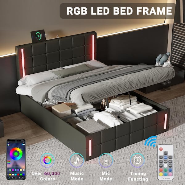 Harper & Bright Designs Black Wood Frame Full Size PU Upholstered Platform Bed with LED, Hydraulic Storage System and USB Charging Station