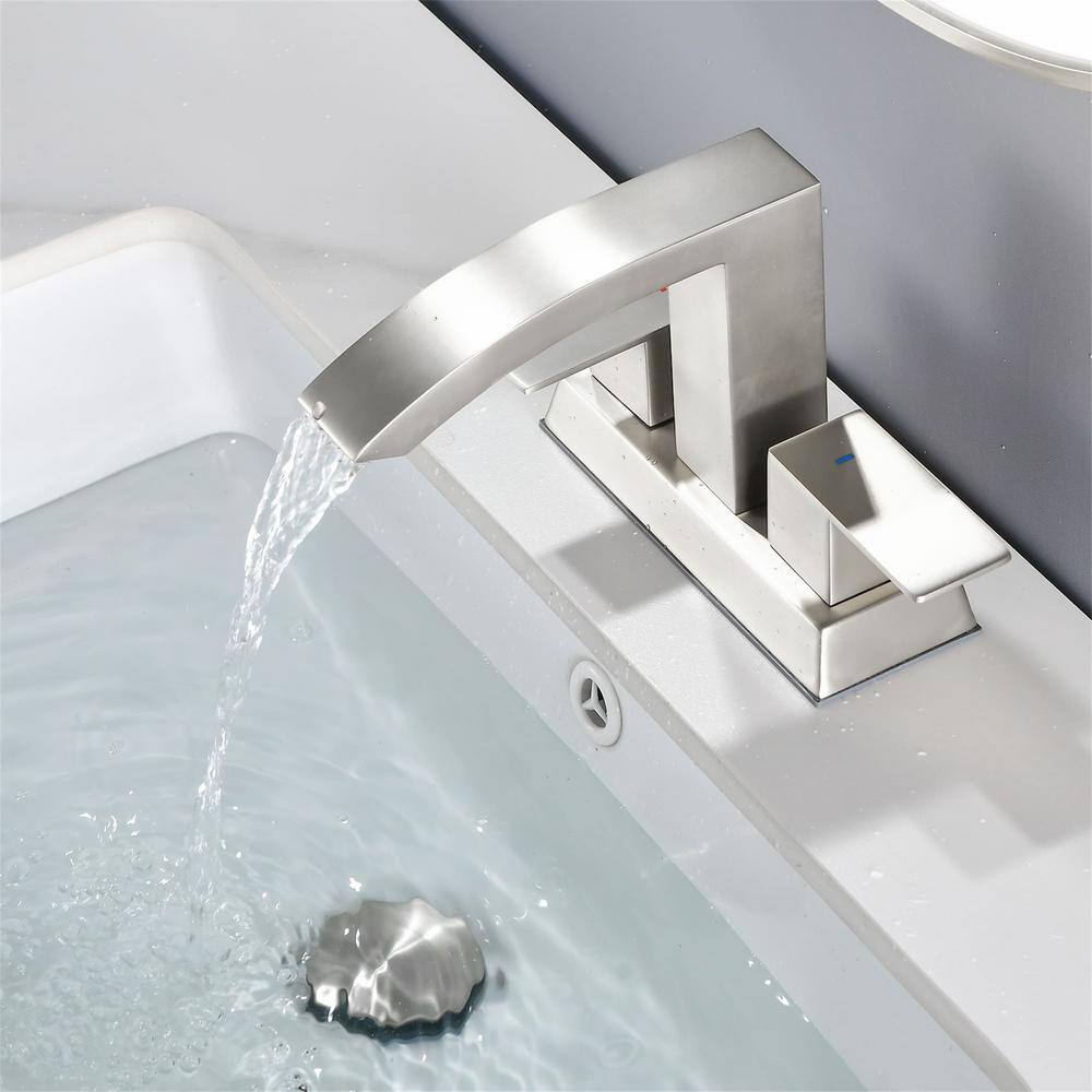 Brushed Nickel Double Handle Waterfall Bathroom Faucet with Pop-Up Drain