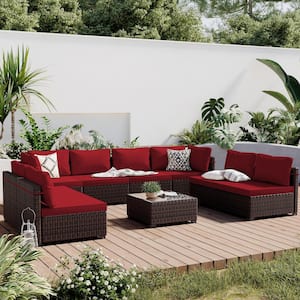 9-Piece Wicker Patio Conversation Seating Set with Red Cushions and Coffee Table