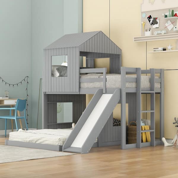 ANBAZAR Gray Twin Over Full Campsite Loft Bunk Bed, House Bed Bunk Beds, Farmhouse, Ladder, Slide and Guardrails with Roof