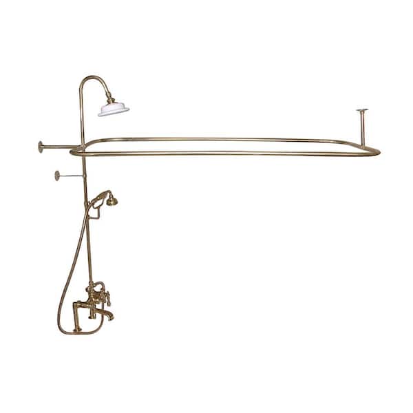Barclay Products 3-Handle Rim Mounted Claw Foot Tub Faucet with Riser, Hand Shower, Shower Head and Shower Rod in Polished Brass