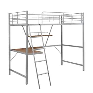 Silver Twin Loft Bed with L-shaped Desk and Shelf, Metal Loft Bed with Guardrails and Ladder for Kids and Adults