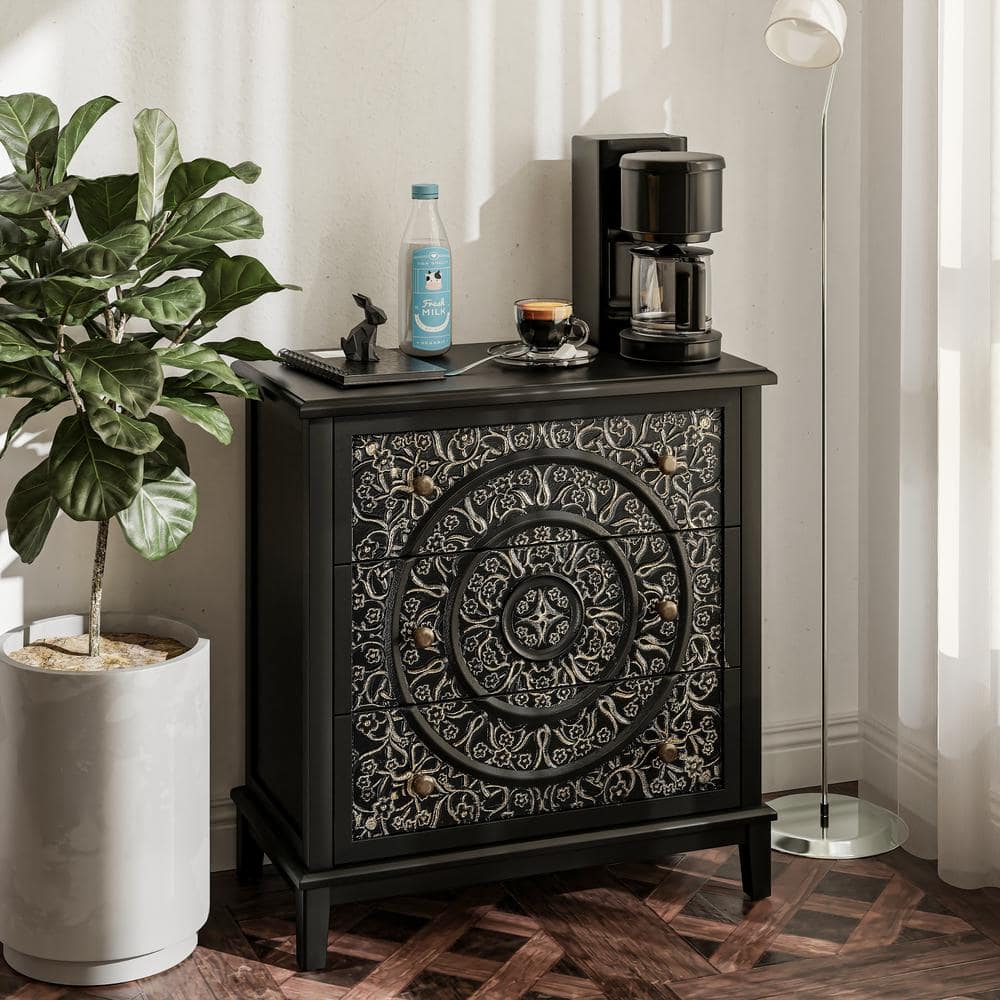 Black and Gold 3-Drawer Flower Motif Nightstand