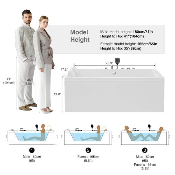Empava 71 in. x 47 in. Alcove Whirlpool Air Combination Bathtub