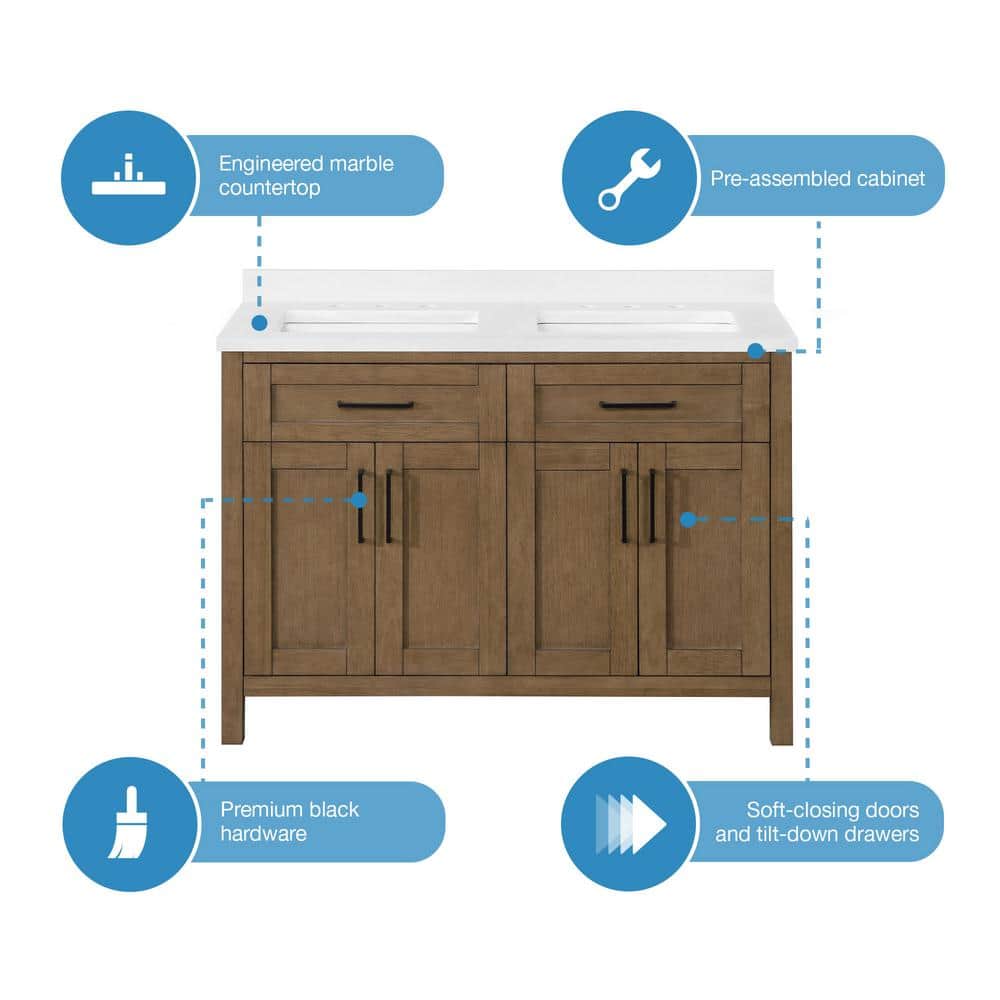 Almond Latte Brushed Double Sink Bathroom Vanity with Matte Black Hardware