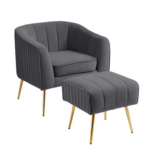 Uixe Modern Gray Metal Legs Velvet Pleated Design Upholstered Accent Armchair with Ottoman Set (Set of 1)