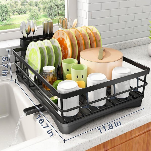 Black Stainless Steel Large Capacity Dish Rack with Utensil Holder Kitchen Counter Organizer for Plates Bowls Spoons